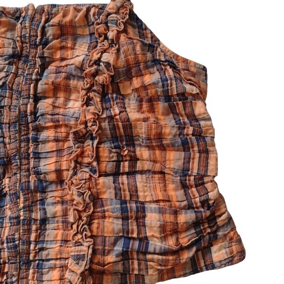Anthropologie Verb Ruffled Plaid Top 2X Orange Navy Smocked Cotton Blouse - Picture 7 of 12